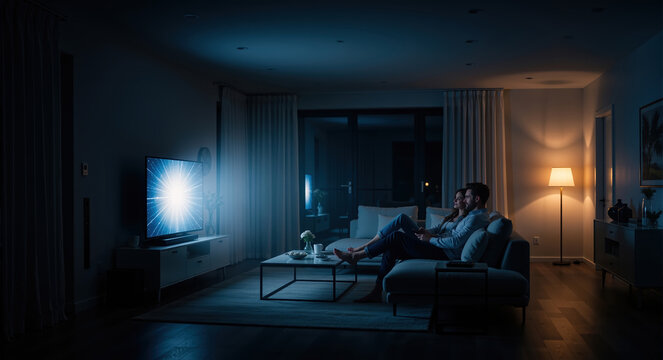 Couple watching television in a dark modern living room at night. Man and woman relaxing on sofa with blue light from TV screen. Home entertainment concept