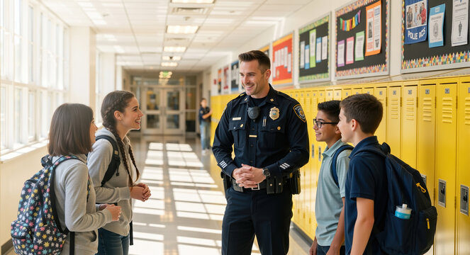 Friendly male police officer talking with a group of smiling teenage students in a bright school hallway. Positive community policing and school safety concept