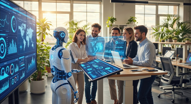 Humanoid robot collaborating with business team in modern office. Artificial intelligence and data analysis concept