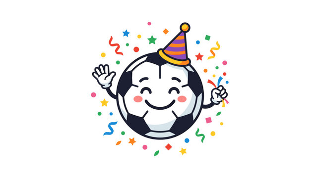 Happy Celebrating Soccer Ball Character with Party Hat and Confetti Vector Illustration celebration cartoon smiley clean lines geometric flat design