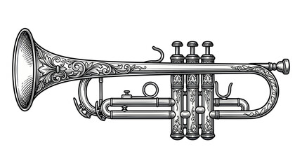 Ornate engraved trumpet with floral filigree patterns © bolo