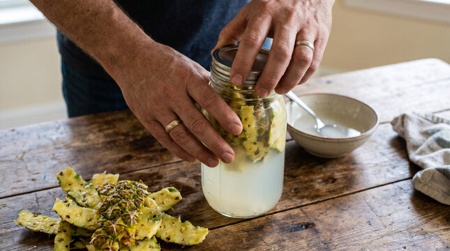 Packing Pineapple Skins Into Tepache Jar Before Final Kitchen Seal