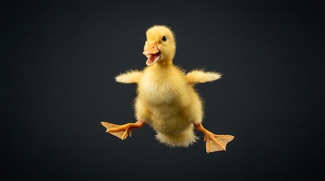 A fluffy yellow duckling with its wings spread wide, appearing to be dancing or flying against a dark background.