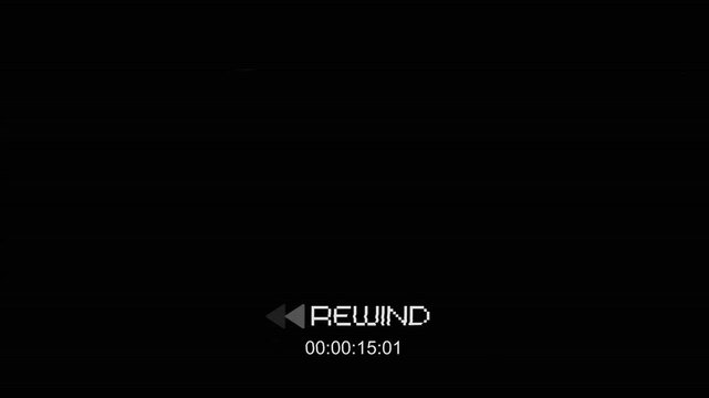 Retro VHS Tape Rewind Effect with Glitch and Timecode Display.