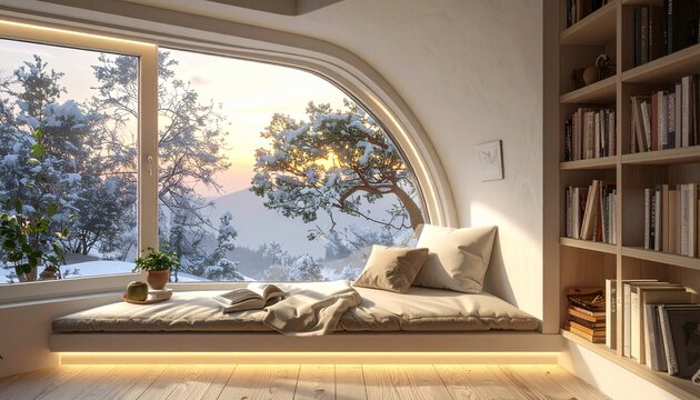 Cozy reading nook with a view of a winter landscape.