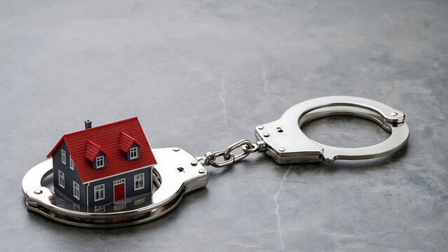 House model with handcuffs foreclosure and financial crisis concept