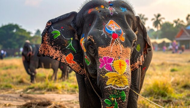 Decorated elephant at a festival in India, vibrant colors and patterns.
