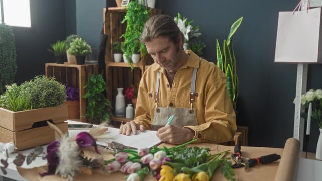Man florist writing order notes with hands among bouquets and pruning shears on a studio table; quiet contentment.