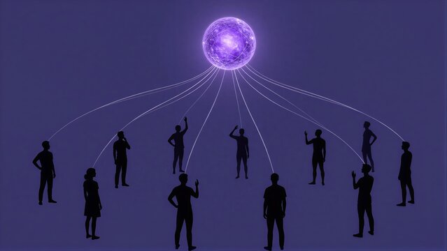 Silhouettes connect to glowing purple sphere, symbolizing unity or global connection.