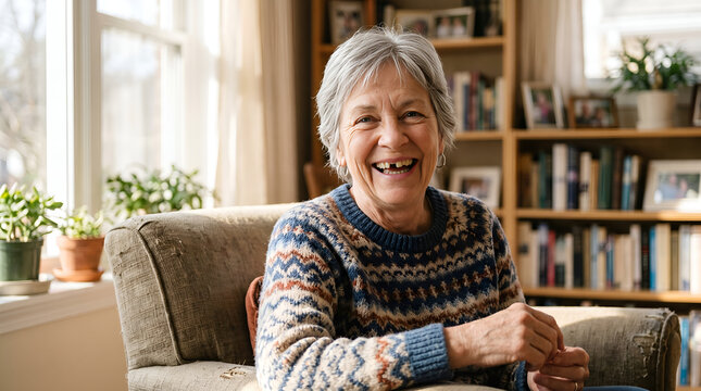 Happy missing teeth woman laughing in her cozy living room