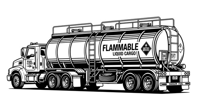 A tanker truck marked with FLAMMABLE LIQUID CARGO safety warnings, depicted in a black and white illustration, is ready for transport
