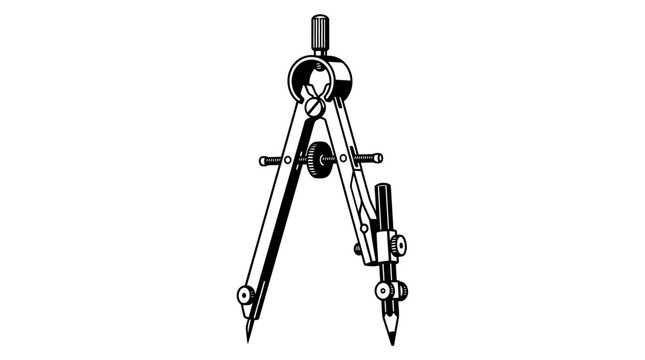 A precise drafting compass, a tool for drawing circles and arcs, presented in a clean, graphic style