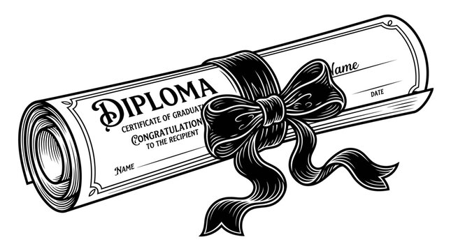 A rolled-up diploma tied with a black ribbon and a bow, symbolizing educational achievement and graduation