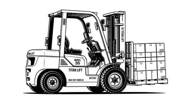 A forklift truck loaded with boxes, ready for transport. This industrial vehicle is often used in warehouses and construction sites to move heavy loads.