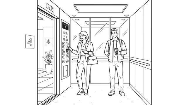 Two people are standing in an elevator, holding coffee cups. The woman is pressing a button on the elevator control panel.