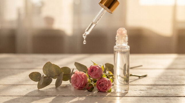 Essential oil or serum in a glass roller bottle with a dropper, decorated with pink roses and eucalyptus leaves on a wooden table