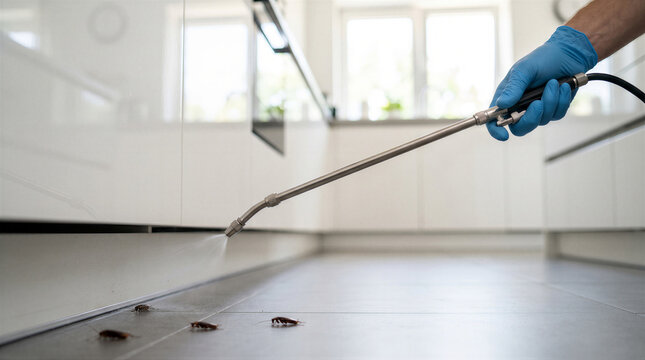 Professional pest control exterminator spraying insecticide on cockroaches in a modern kitchen