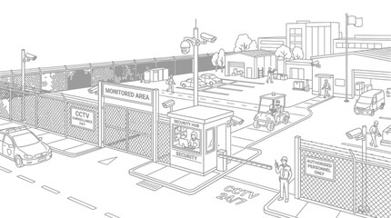 Obraz premium A security checkpoint with a gate, security cameras, and guards, indicating a controlled access area. This scene depicts a secure entrance with various elements of surveillance and control