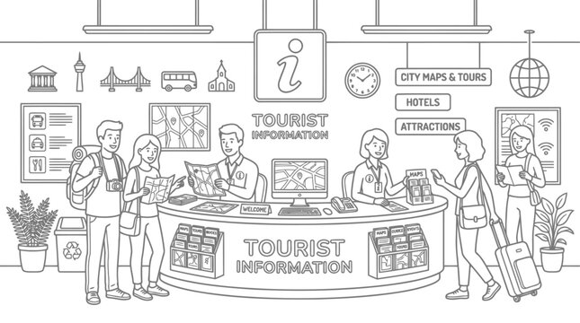 A line drawing illustration of a busy tourist information center with people asking for directions and staff assisting them