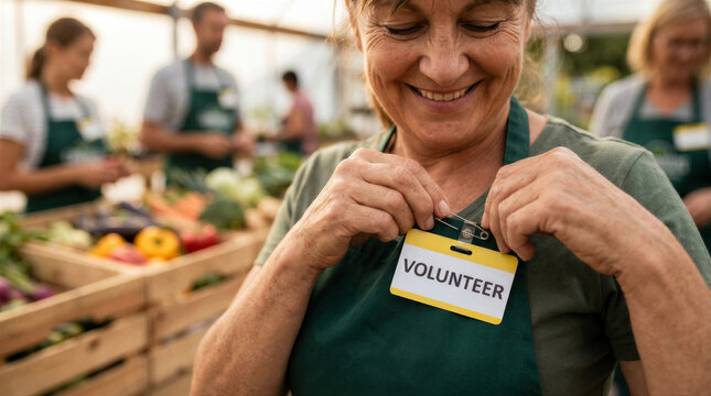 Smiling mature woman volunteer pinning a name tag on her green apron while working at a community food bank or vegetable garden
