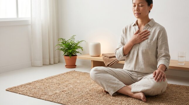 Home yoga breathing pause with ambient assistant support object