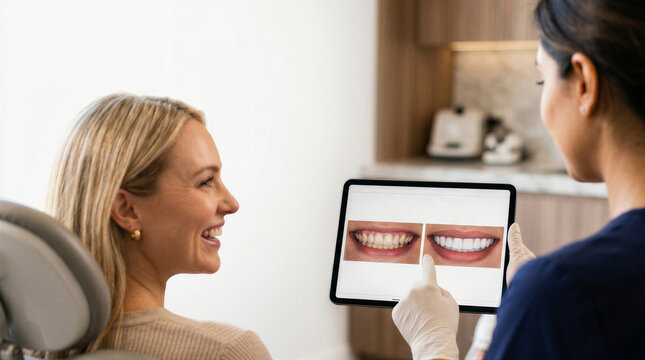 Dentist showing a patient a digital simulation of their teeth whitening and smile makeover on a tablet screen in a dental clinic