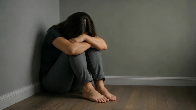 Sad woman sitting in corner with head on knee expressing deep depression. Lonely girl experiencing mental health crisis or grief in empty room. Trauma concept.