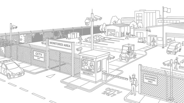 A security checkpoint with a gate, security cameras, and guards, indicating a controlled access area. This scene depicts a secure entrance with various elements of surveillance and control