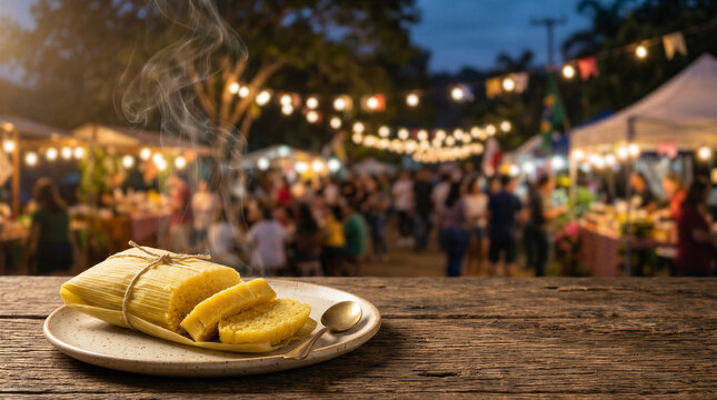 Pamonha, a traditional brazilian cornbased food, served on a rustic wooden table at a festive outdoor evening market event