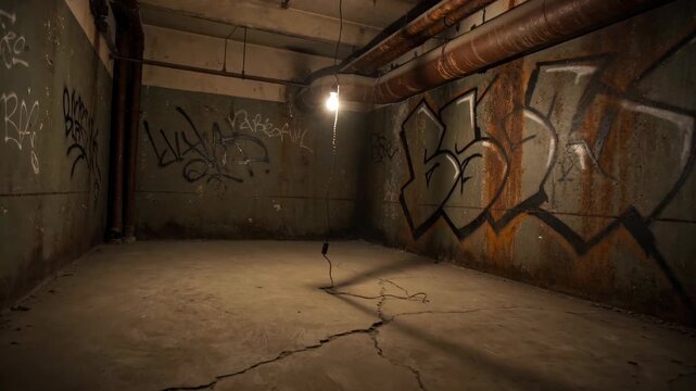 Abandoned concrete basement with graffiti walls and swaying light bulb. Dimly lit urban underground room at night.