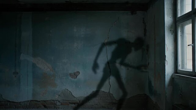Scary shadow of monster moving on wall in dark old room. Creepy silhouette of creature creeping and dancing in abandoned building. Horror concept for Halloween night with paranormal activity imagery.