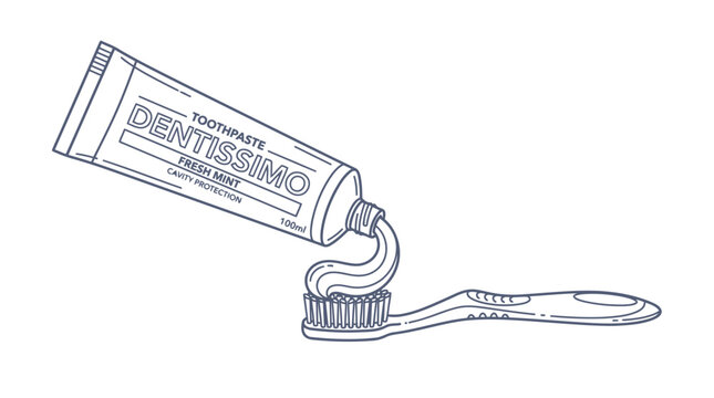 A toothpaste tube squeezing onto a toothbrush. The toothpaste is mint-green in color.