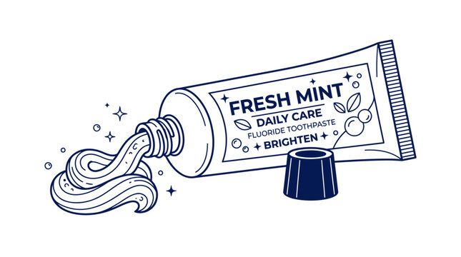 A tube of fresh mint toothpaste with daily care, fluoride toothpaste and brighten text on it is squeezed out with paste forming a swirl.