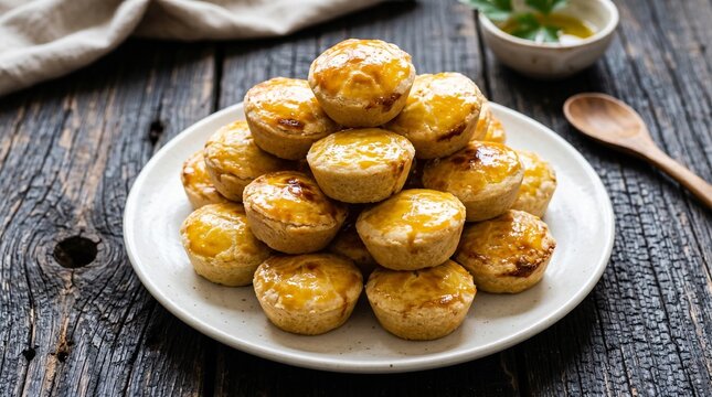 Commercial close-up food photography of a pile of traditional Brazilian empadas mini savory pies with a golden egg-washed crust served on a white ceramic plate &ndash; premium bakery branding, snack adverti