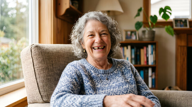 Happy missing teeth woman laughing in a cozy home setting