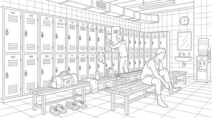 Fototapeta premium Locker room with athletic men preparing for sports activity and getting ready for exercise, with lockers and benches along the walls