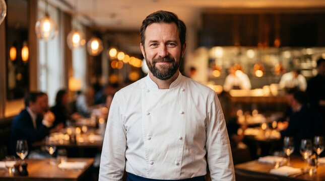 Commercial medium shot portrait of a professional male chef in a white uniform standing with crossed arms inside a luxury fine dining restaurant &ndash; premium culinary branding, hospitality marketing, and