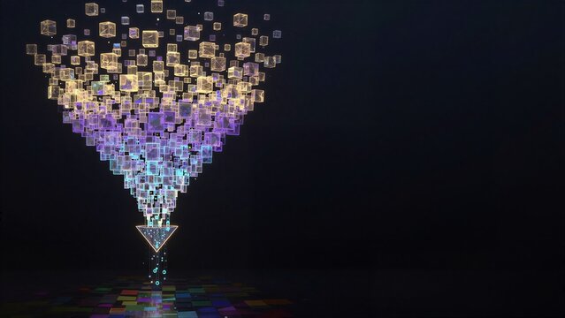 Floating glowing cubes form a heart shape, descending into digital arrow.
