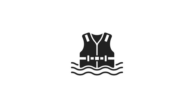 Minimalist black icon of a life jacket floating on water waves.