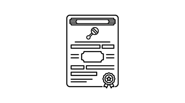 A simple black and white line art icon of a baby birth certificate.