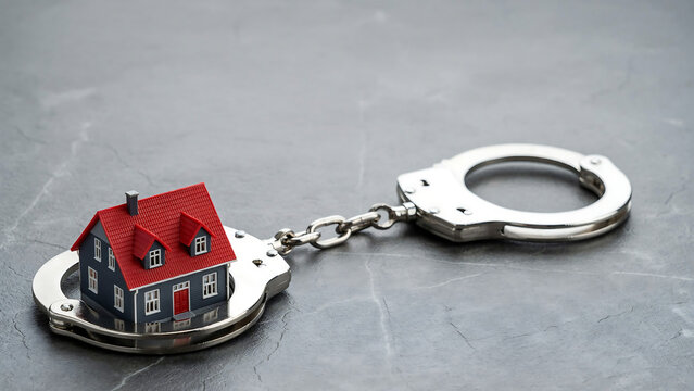 House model attached to handcuffs real estate legal trouble concept
