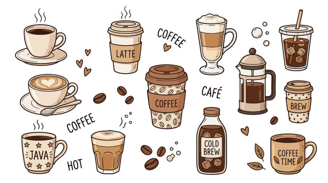 Variety of coffee cups and drinks.