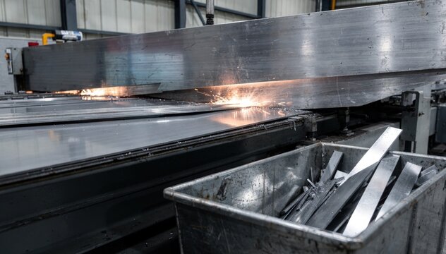 Industrial medium shot capturing long metal plates being sliced with high precision shears featuring the scrap bin filling with offcuts from the cutting operation.