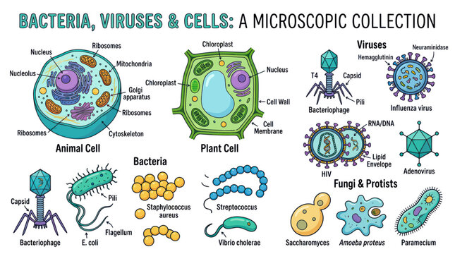 Microscopic collection of bacteria viruses.