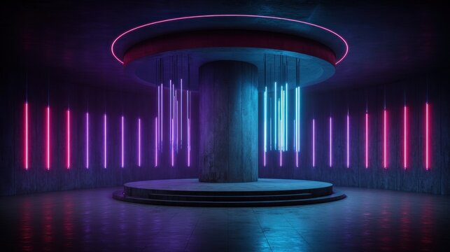 Futuristic stage structure illuminated by vibrant magenta and cyan vertical light tubes