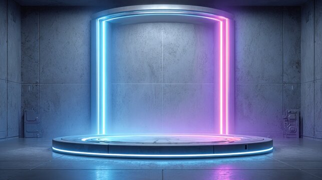 Circular presentation platform illuminates a sterile industrial space with vibrant neon lighting accents
