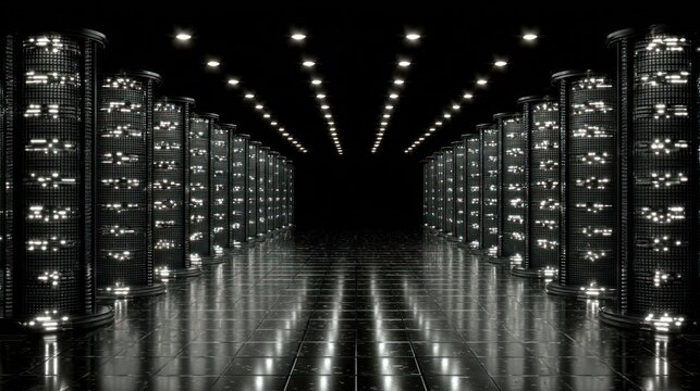 Rows of illuminated digital storage units extend into a dark, reflective environment