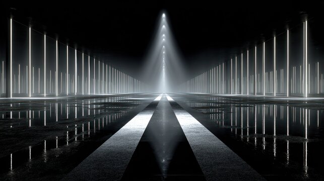 Dramatic illuminated pathway stretches into a dark, reflective void with vertical light sources lining both sides