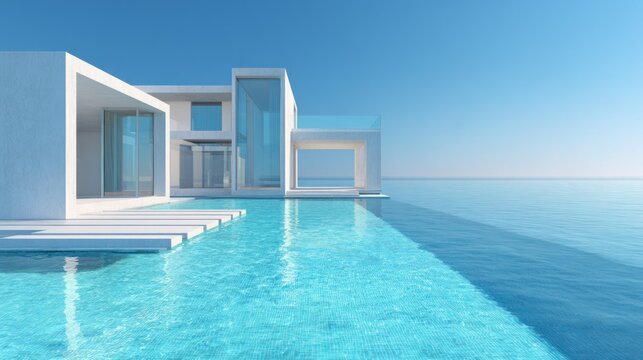 Modern white luxury residence features an infinity swimming pool merging with the ocean horizon