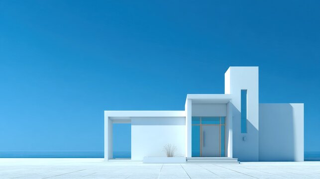 Modern minimalist residence facade features stark white geometry against a vibrant blue sky